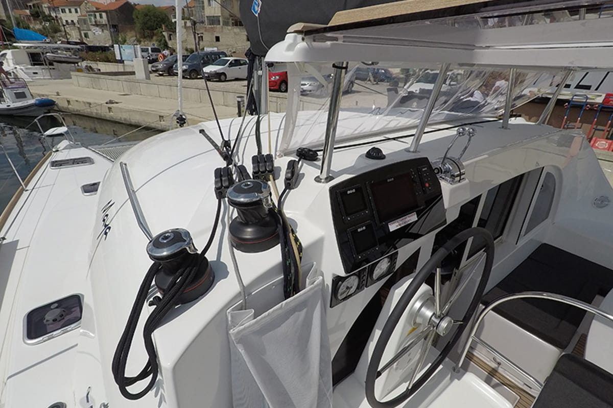 Cockpit of Maya, a Lagoon 380 catamaran at Grad Šibenik, Croatia