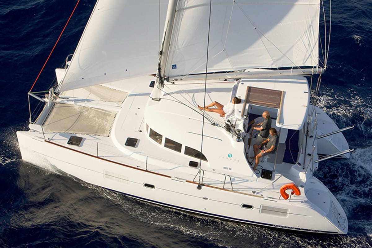 Exterior view of Maya, a Lagoon 380 catamaran at Grad Šibenik, Croatia