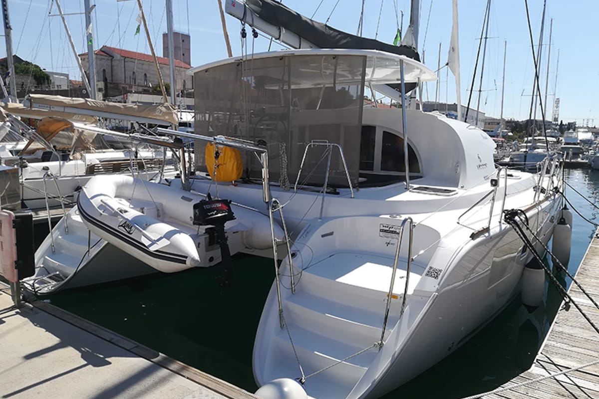 Exterior view of Maya, a Lagoon 380 catamaran at Grad Šibenik, Croatia