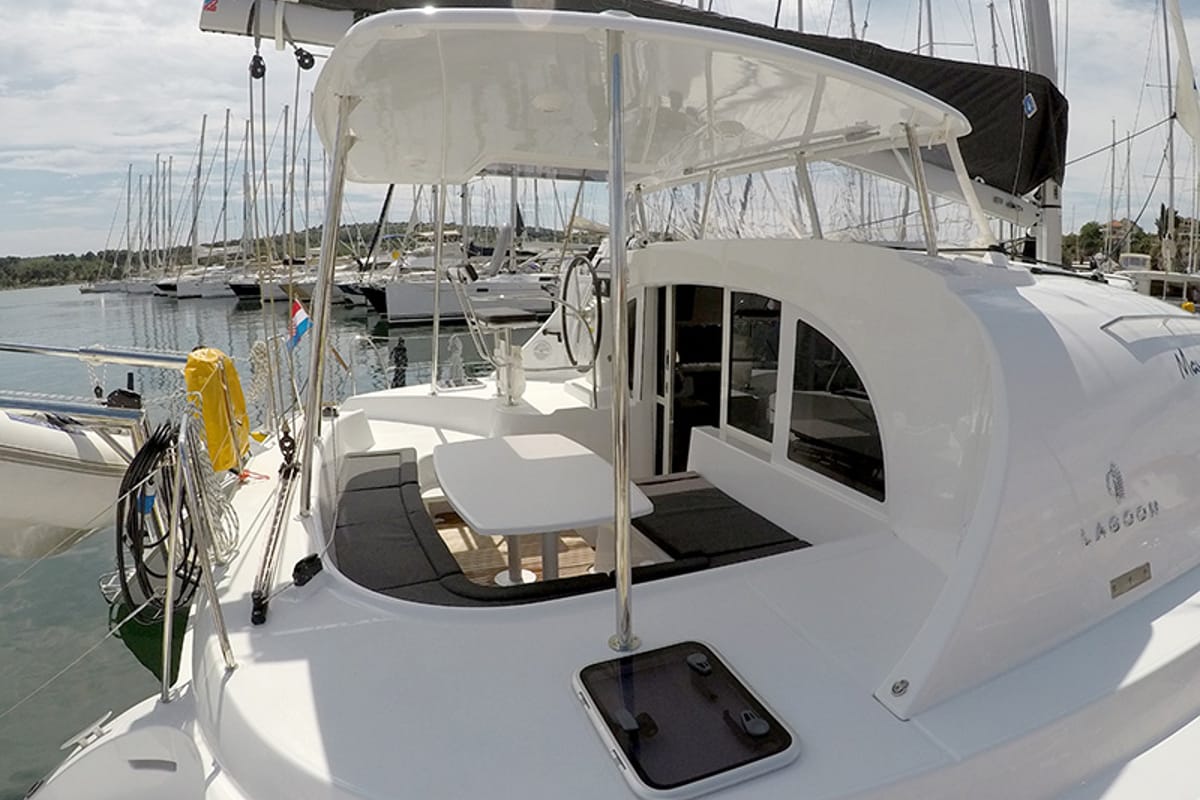 Deck of Maya, a Lagoon 380 catamaran at Grad Šibenik, Croatia
