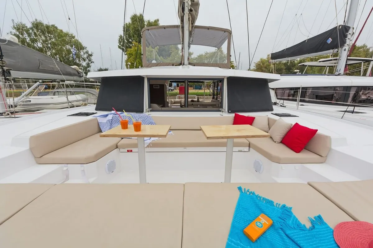 Golden Waters, a Bali 4.1 catamaran at Port of Avdira, Greece