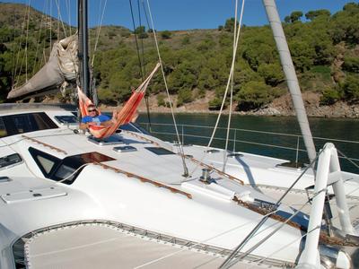 Deck of Montagu, a Privilège Privilege 51 catamaran at Santa Eulària des Riu, Spain