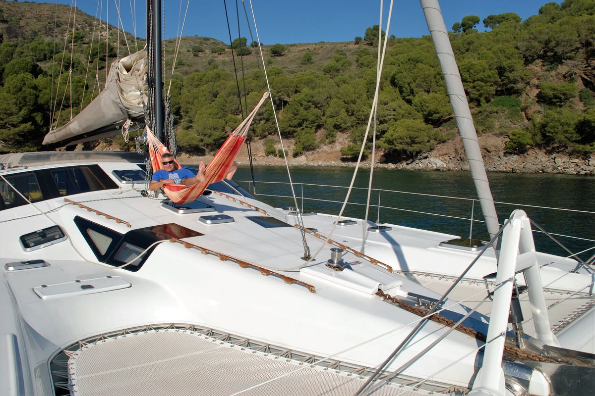 Deck of Montagu, a Privilège Privilege 51 catamaran at Santa Eulària des Riu, Spain