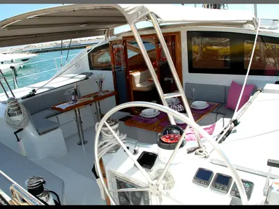 Cockpit of Montagu, a Privilège Privilege 51 catamaran at Santa Eulària des Riu, Spain
