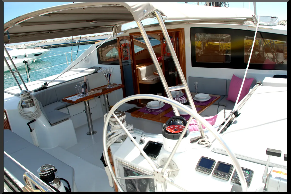 Cockpit of Montagu, a Privilège Privilege 51 catamaran at Santa Eulària des Riu, Spain