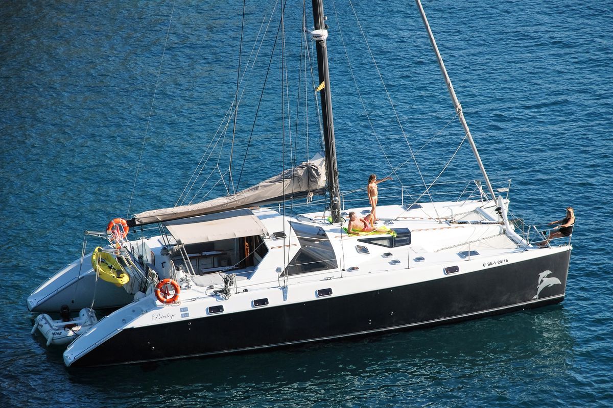 Exterior view of Montagu, a Privilège Privilege 51 catamaran at Santa Eulària des Riu, Spain