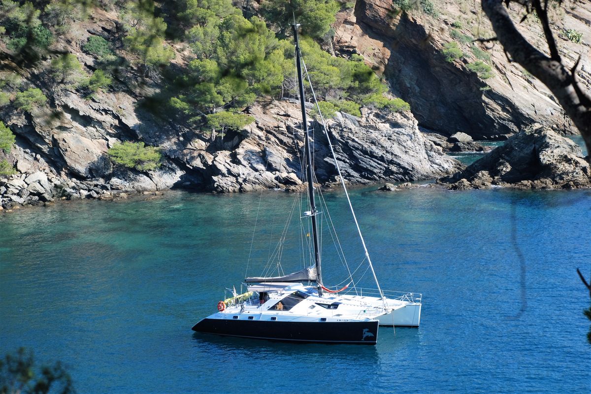 Exterior view of Montagu, a Privilège Privilege 51 catamaran at Santa Eulària des Riu, Spain