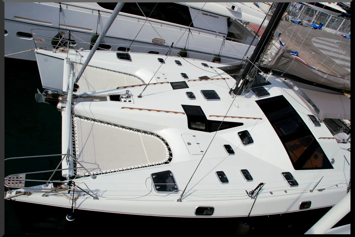 Deck of Montagu, a Privilège Privilege 51 catamaran at Santa Eulària des Riu, Spain