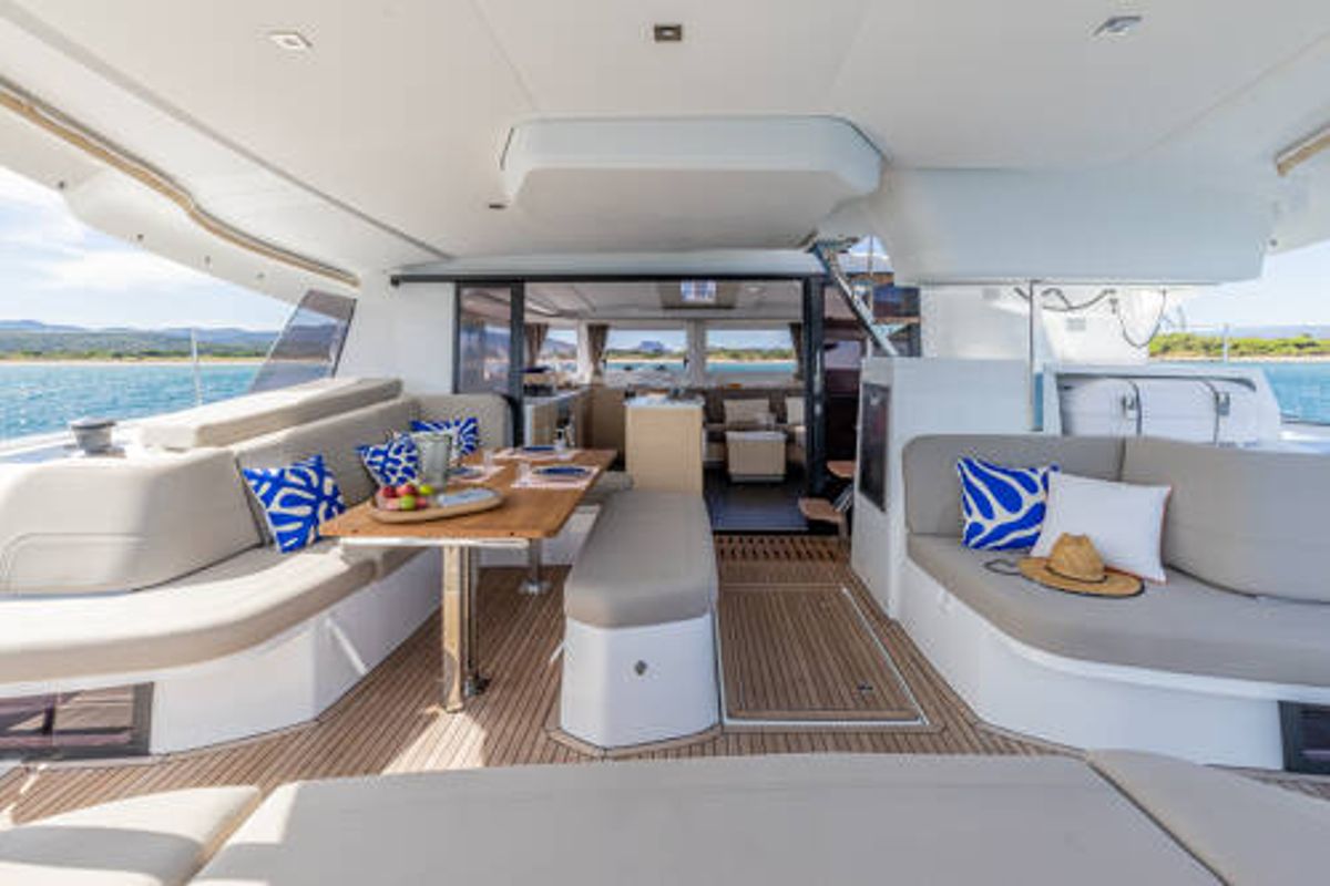 Deck of Blue Argo, a Fountaine Pajot New 44 catamaran at Parikia, Greece