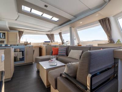 Salon of Blue Argo, a Fountaine Pajot New 44 catamaran at Parikia, Greece
