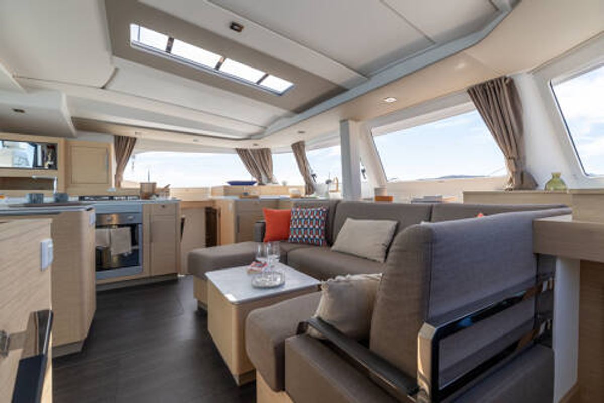 Salon of Blue Argo, a Fountaine Pajot New 44 catamaran at Parikia, Greece