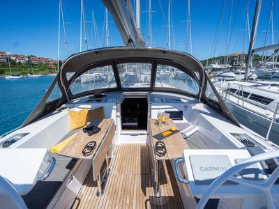 Cockpit of Aria, a Bavaria C45 Style sailboat at Grad Pula, Croatia