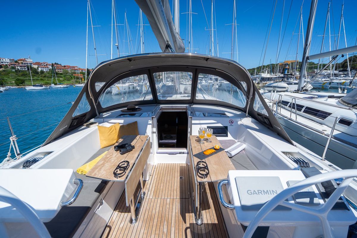 Cockpit of Aria, a Bavaria C45 Style sailboat at Grad Pula, Croatia