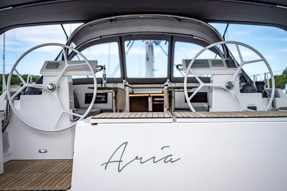 Cockpit of Aria, a Bavaria C45 Style sailboat at Grad Pula, Croatia