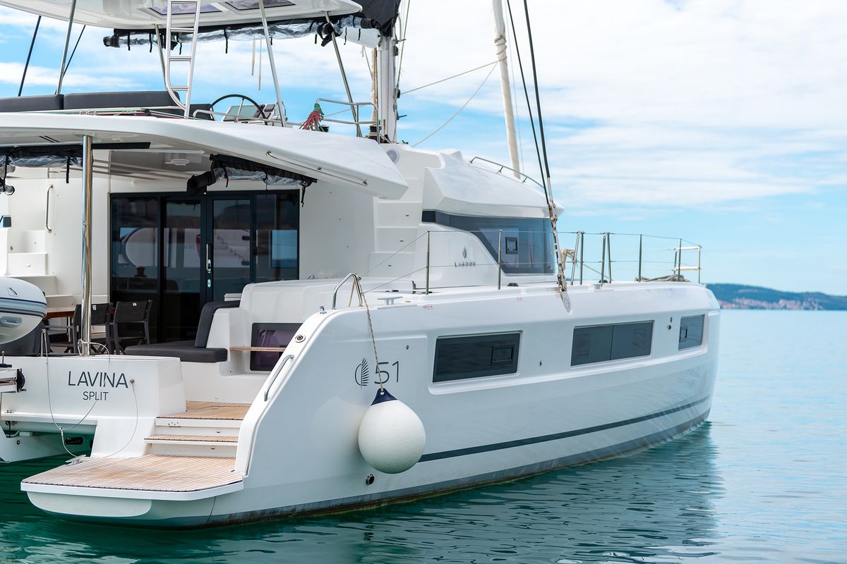 Exterior view of Lavina, a Lagoon 51 catamaran at Grad Kaštela, Croatia