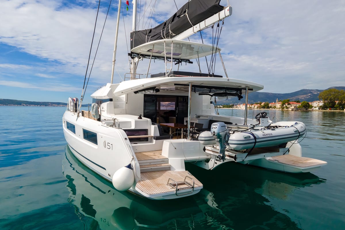 Exterior view of Lavina, a Lagoon 51 catamaran at Grad Kaštela, Croatia