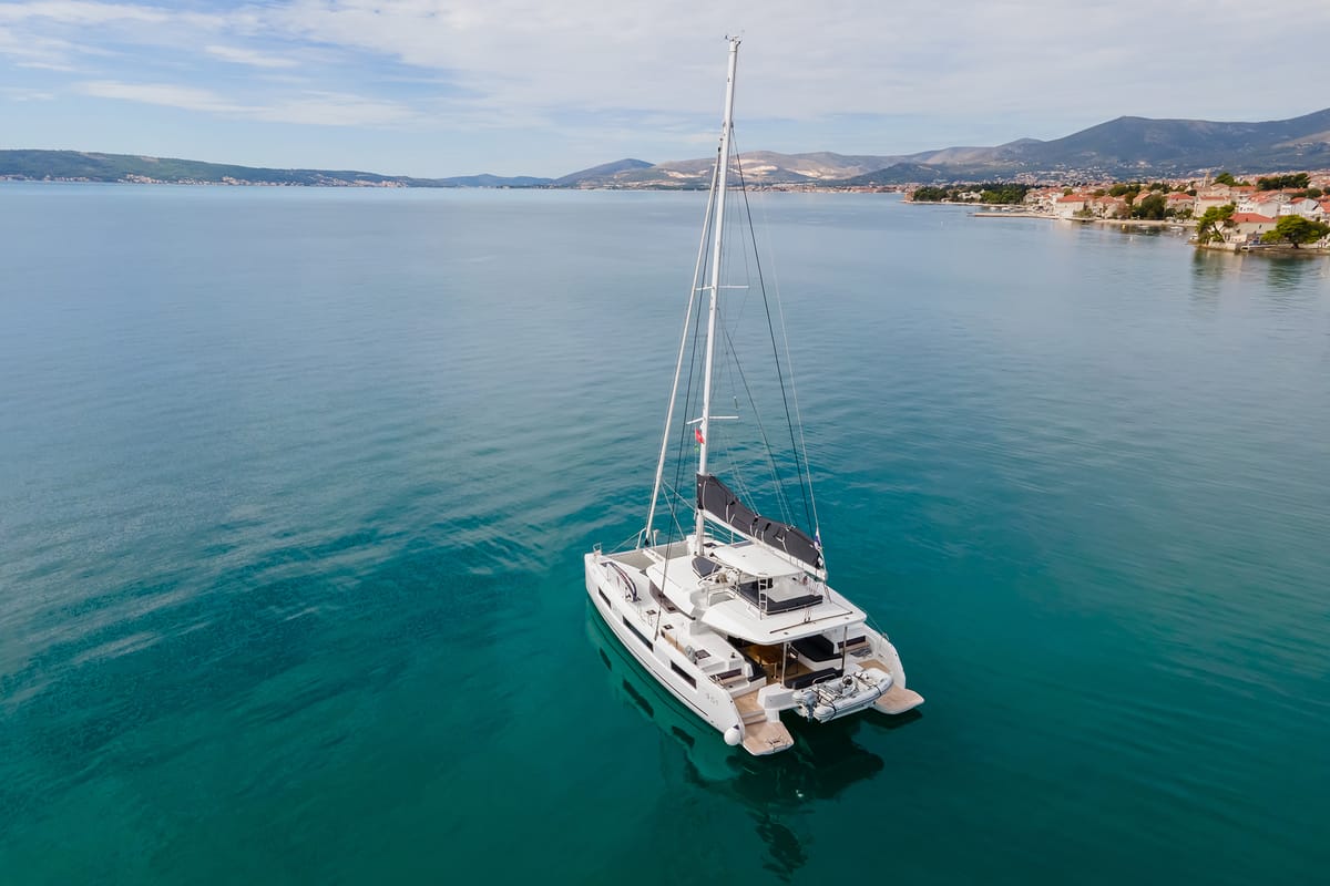 Exterior view of Lavina, a Lagoon 51 catamaran at Grad Kaštela, Croatia