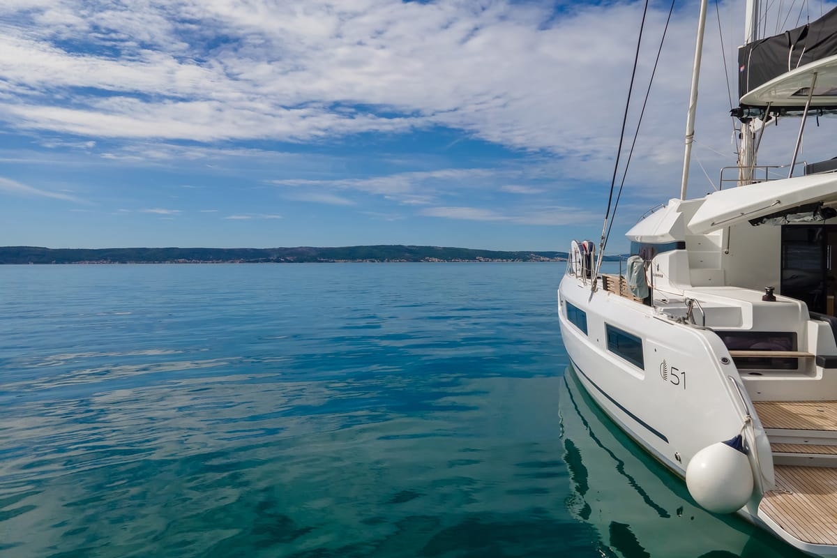 Exterior view of Lavina, a Lagoon 51 catamaran at Grad Kaštela, Croatia