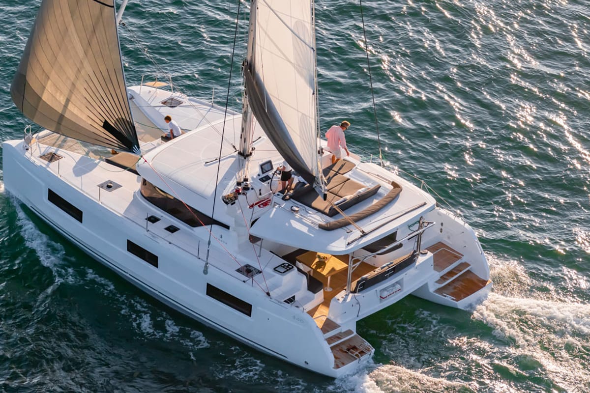 Exterior view of Lavina, a Lagoon 51 catamaran at Grad Kaštela, Croatia
