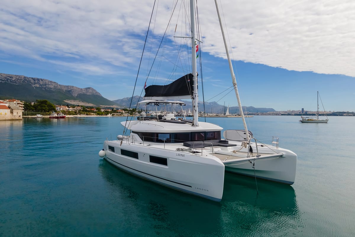 Exterior view of Lavina, a Lagoon 51 catamaran at Grad Kaštela, Croatia