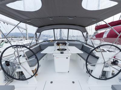 Cockpit of Vienna Princess, a Beneteau Oceanis 46.1 sailboat at Preveza, Greece