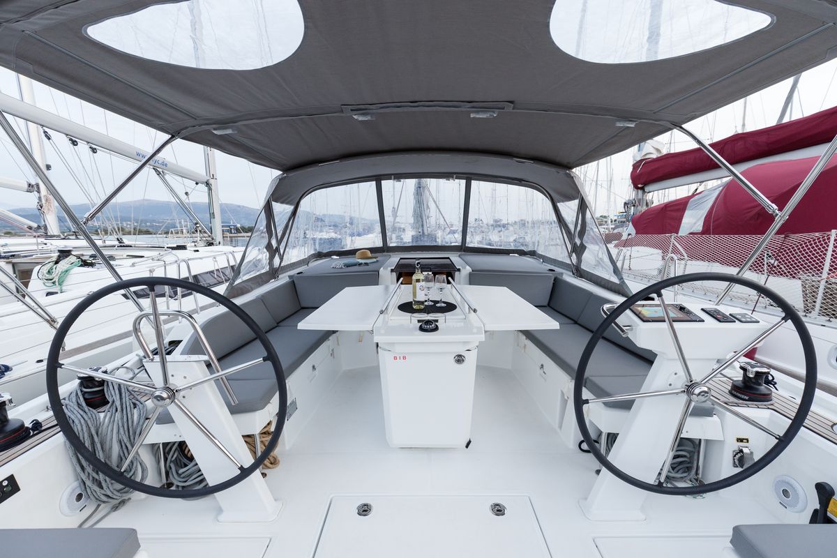 Cockpit of Vienna Princess, a Beneteau Oceanis 46.1 sailboat at Preveza, Greece