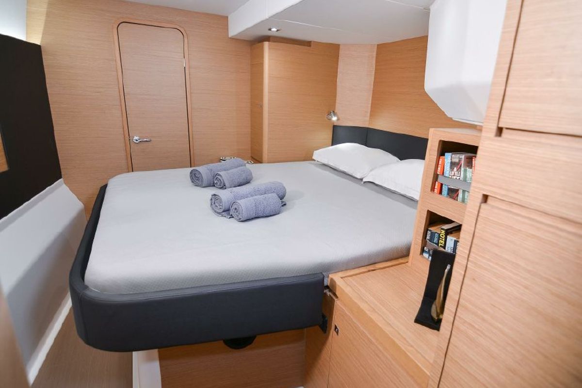 Cabin on Jovy, a Dufour Catamaran 48 catamaran at Capo d'Orlando, Italy