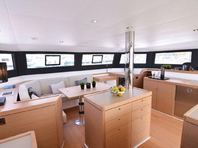 Salon of Jovy, a Dufour Catamaran 48 catamaran at Capo d'Orlando, Italy