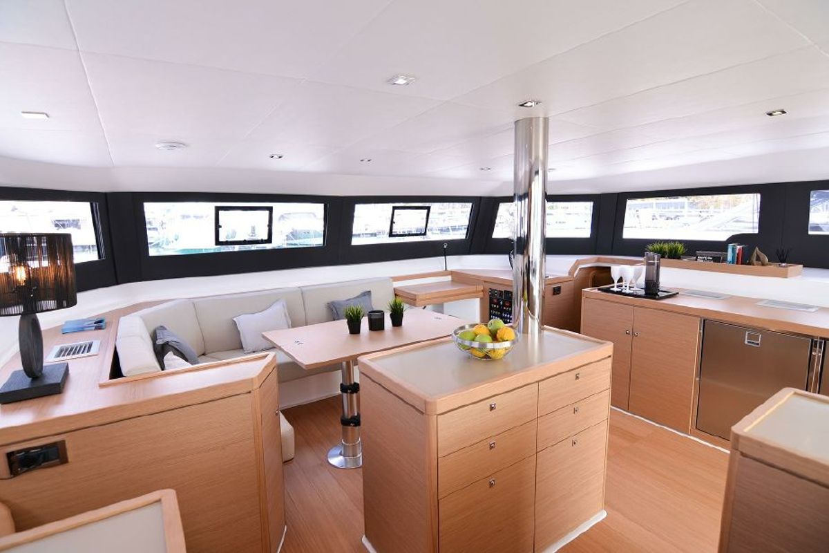 Salon of Jovy, a Dufour Catamaran 48 catamaran at Capo d'Orlando, Italy