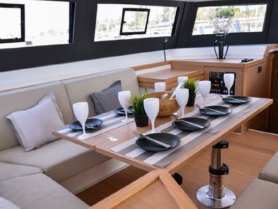 Salon of Jovy, a Dufour Catamaran 48 catamaran at Capo d'Orlando, Italy