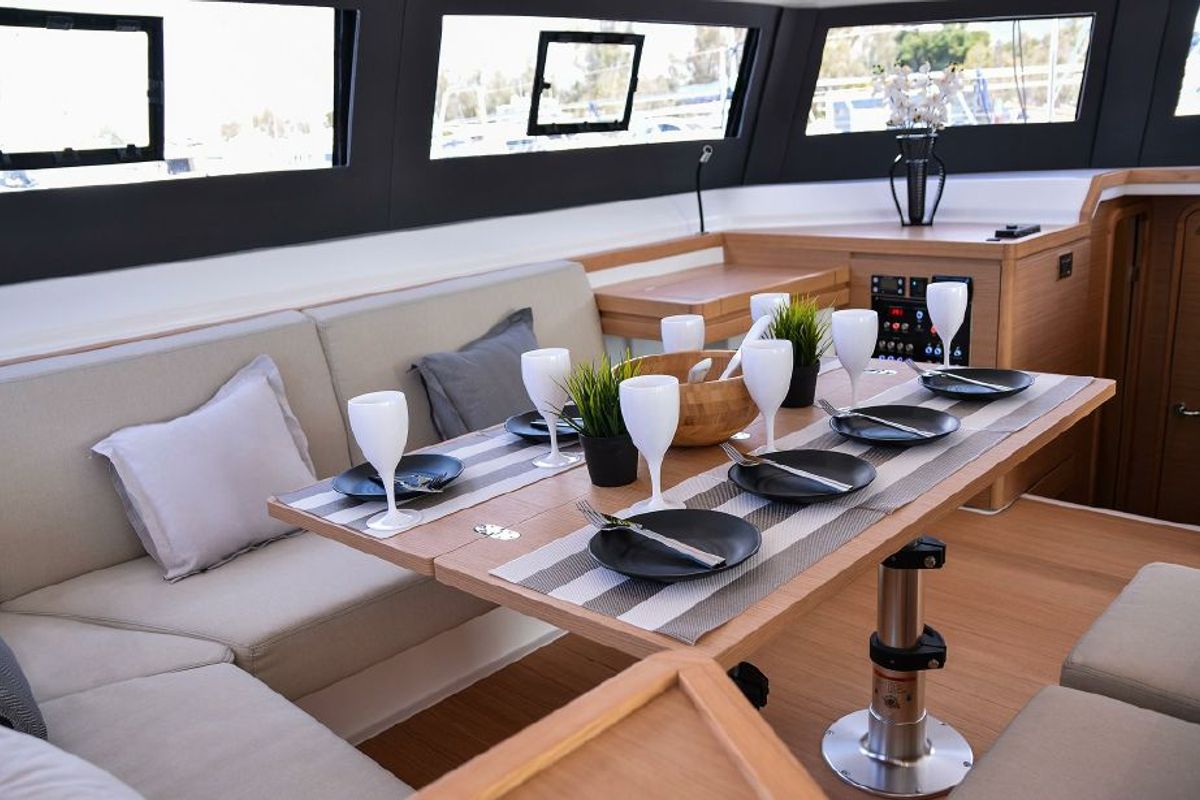 Salon of Jovy, a Dufour Catamaran 48 catamaran at Capo d'Orlando, Italy