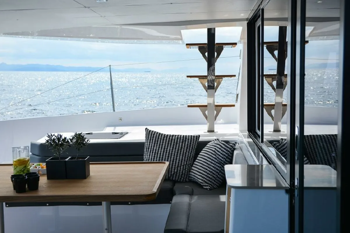 Deck of Jovy, a Dufour Catamaran 48 catamaran at Capo d'Orlando, Italy