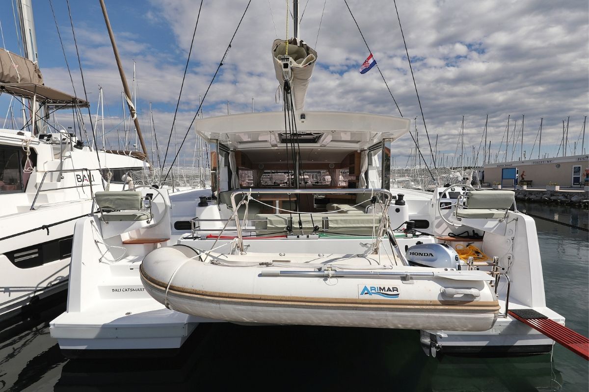 Exterior view of Starseeker, a Bali Catsmart catamaran at Grad Biograd na Moru, Croatia