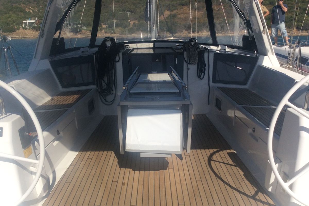 Cockpit of Alfa Centauri I, a Beneteau Oceanis 45 sailboat at Olbia, Italy