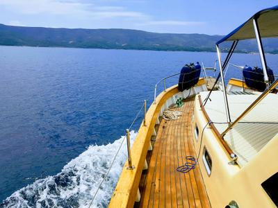 Deck of Vagabundo, a Gulet Leut motorboat at Split, Croatia