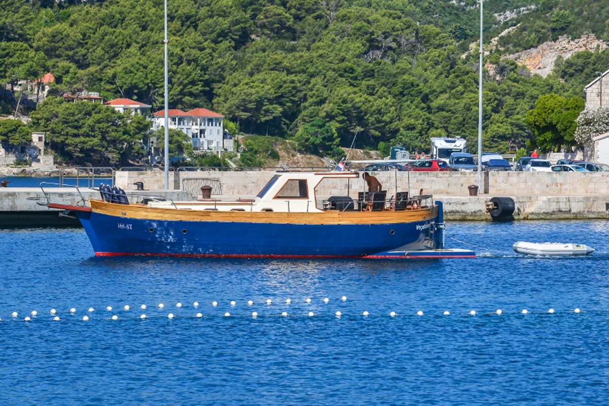 Exterior view of Vagabundo, a Gulet Leut motorboat at Split, Croatia