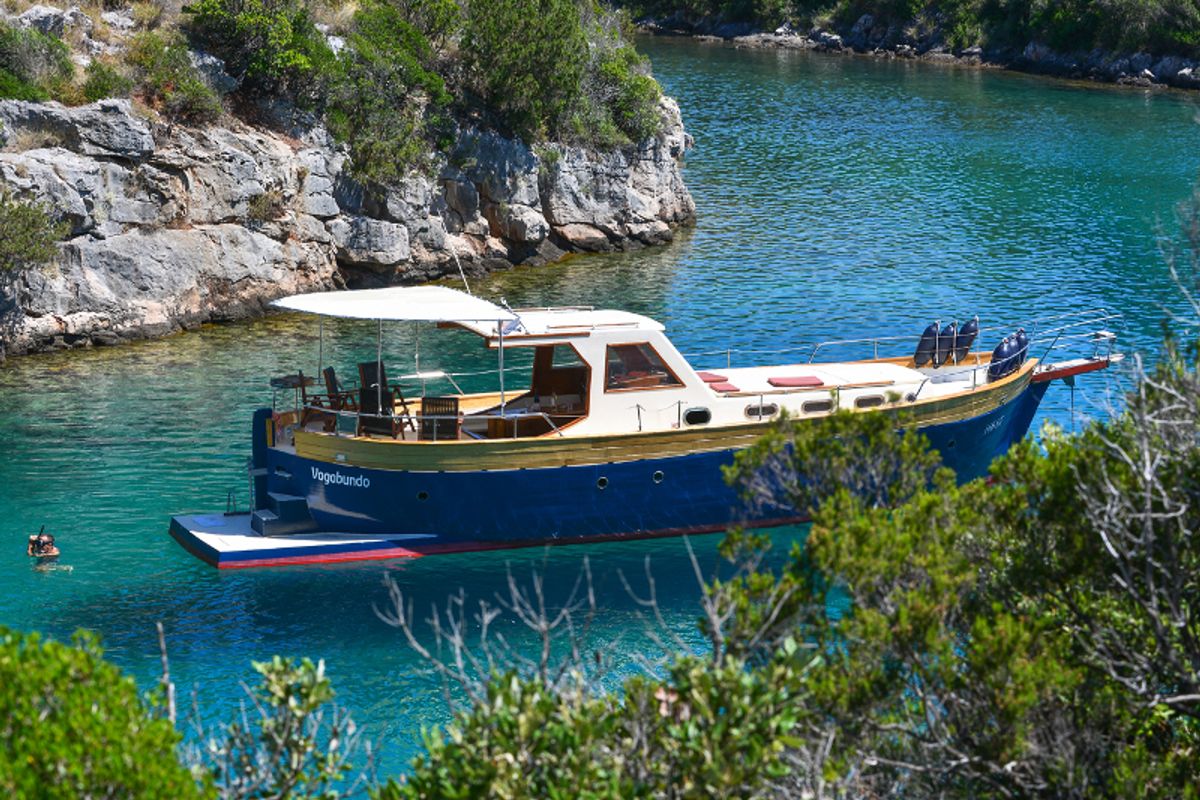 Exterior view of Vagabundo, a Gulet Leut motorboat at Split, Croatia