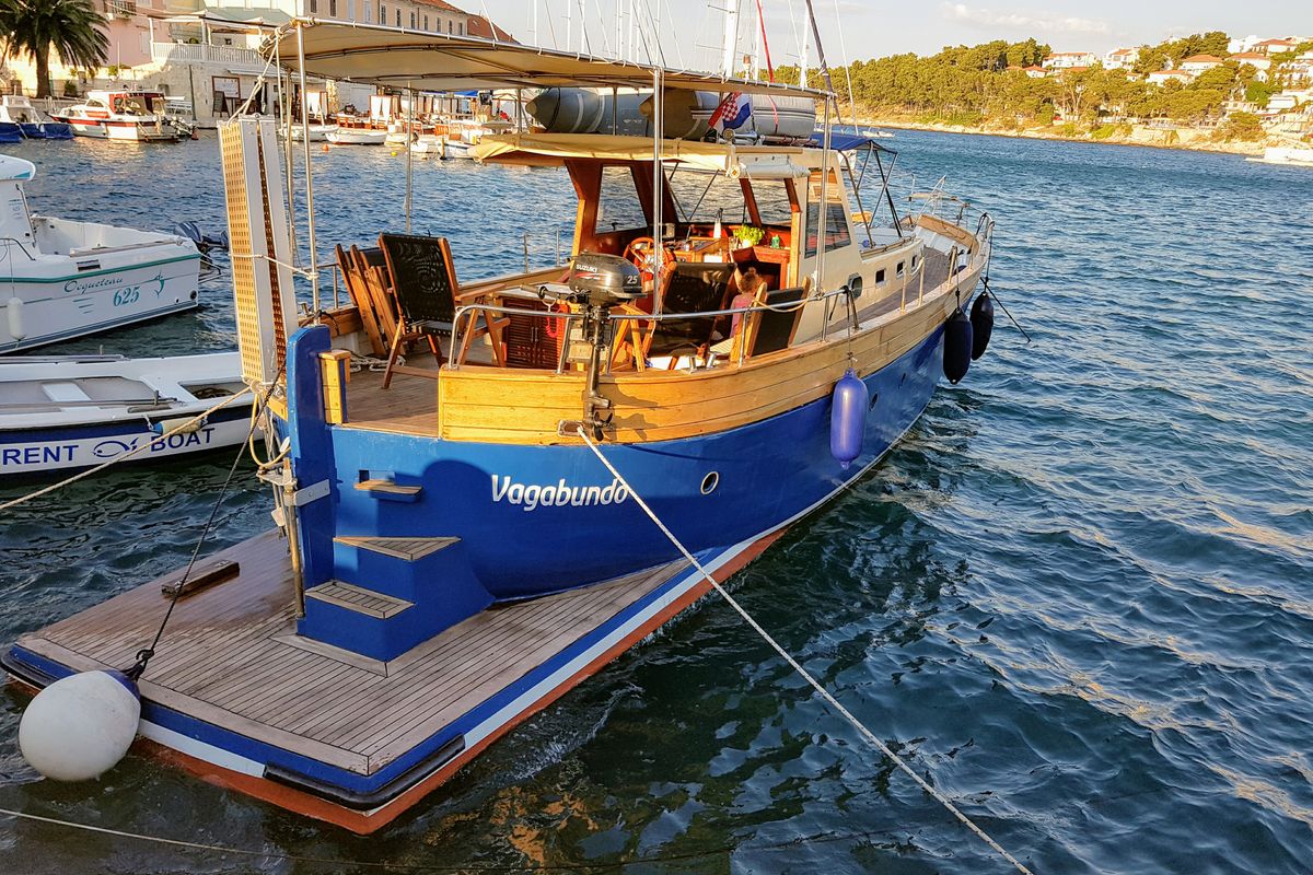 Exterior view of Vagabundo, a Gulet Leut motorboat at Split, Croatia