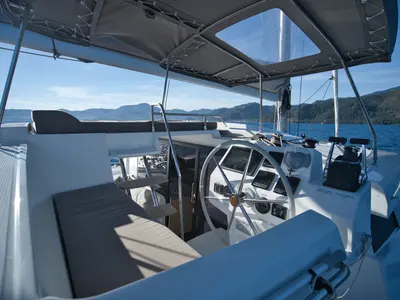 Cockpit of Adele, a Fountaine Pajot Astréa 42 catamaran at Marmaris, Turkey