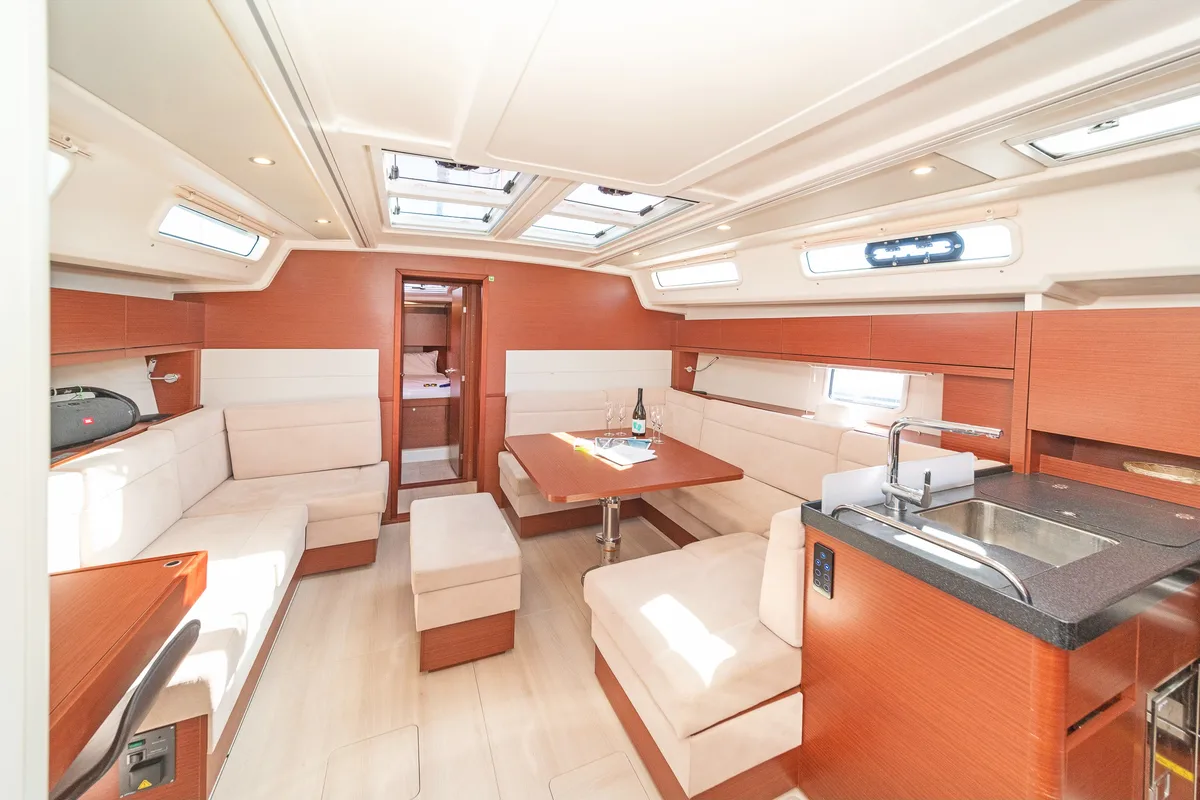 Salon of C-YA, a Hanse Yachts Hanse 458 sailboat at Lavreotiki Municipal Unit, Greece
