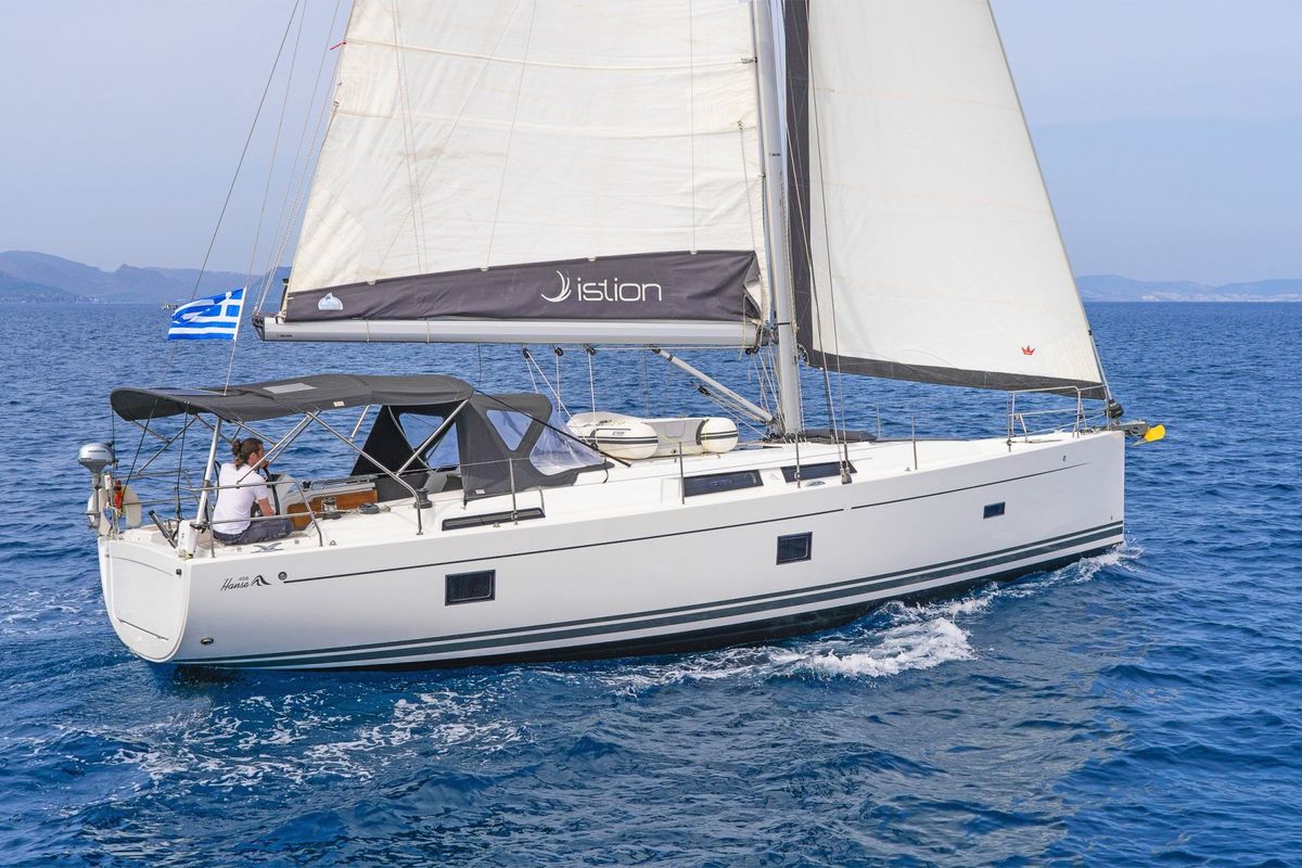 Exterior view of C-YA, a Hanse Yachts Hanse 458 sailboat at Lavreotiki Municipal Unit, Greece