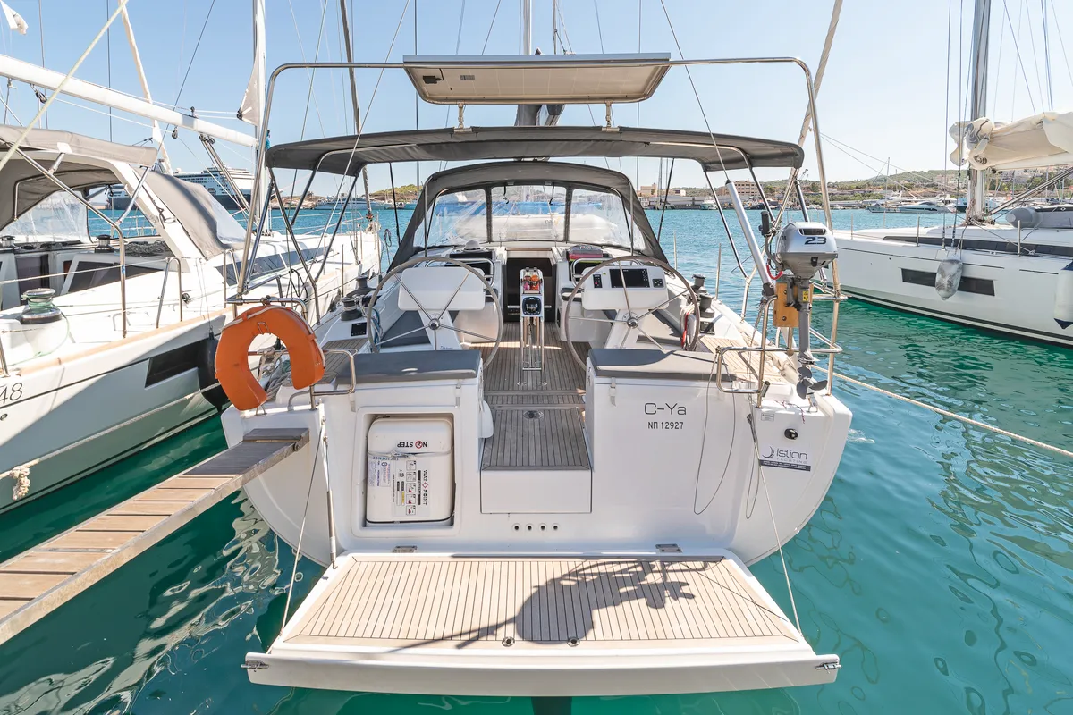 Deck of C-YA, a Hanse Yachts Hanse 458 sailboat at Lavreotiki Municipal Unit, Greece
