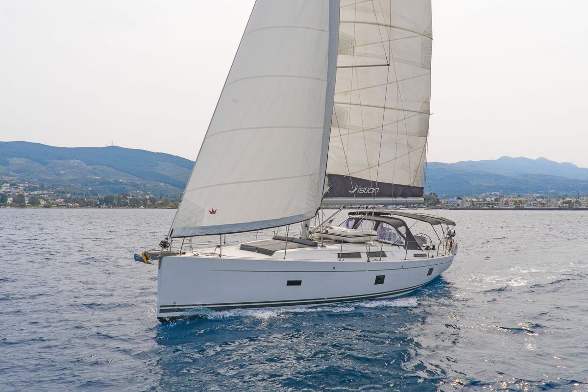 Exterior view of C-YA, a Hanse Yachts Hanse 458 sailboat at Lavreotiki Municipal Unit, Greece