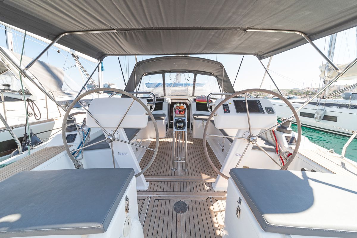 Cockpit of C-YA, a Hanse Yachts Hanse 458 sailboat at Lavreotiki Municipal Unit, Greece