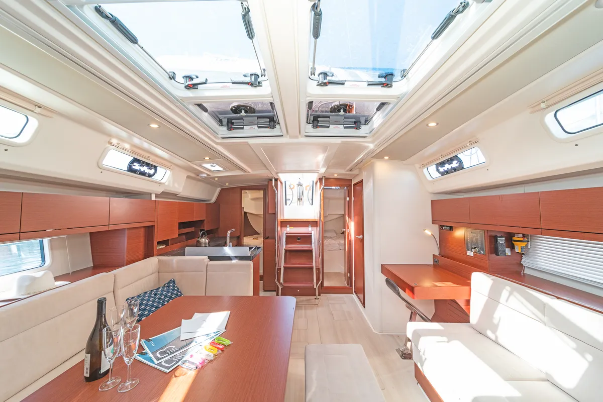 Salon of C-YA, a Hanse Yachts Hanse 458 sailboat at Lavreotiki Municipal Unit, Greece