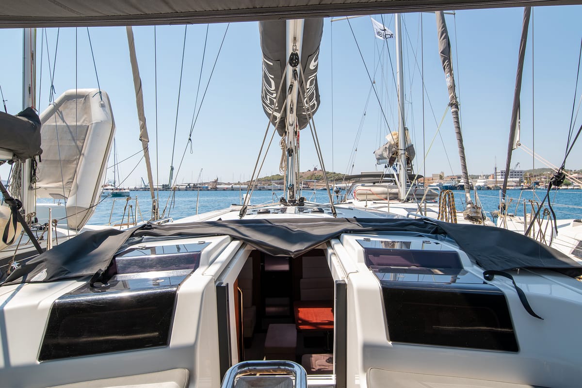 Deck of C-YA, a Hanse Yachts Hanse 458 sailboat at Lavreotiki Municipal Unit, Greece