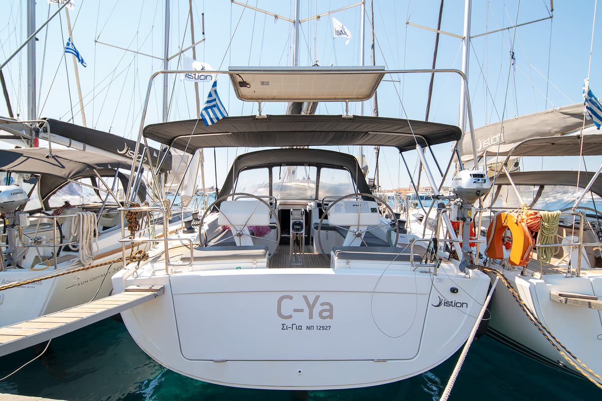 Exterior view of C-YA, a Hanse Yachts Hanse 458 sailboat at Lavreotiki Municipal Unit, Greece