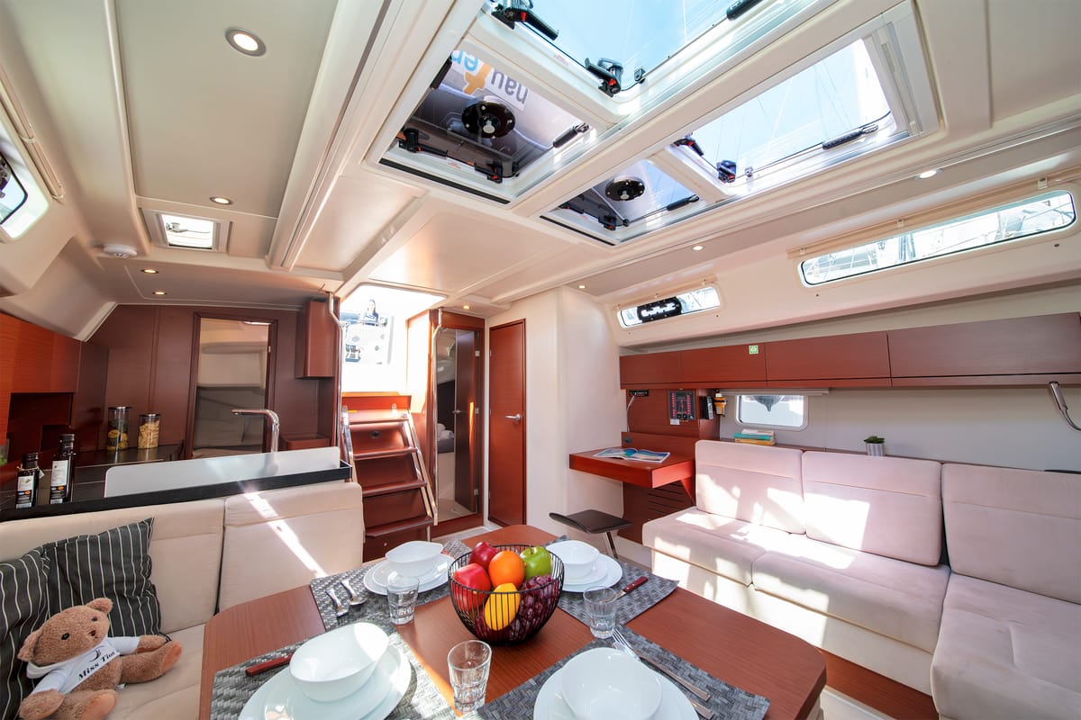 Salon of C-YA, a Hanse Yachts Hanse 458 sailboat at Lavreotiki Municipal Unit, Greece