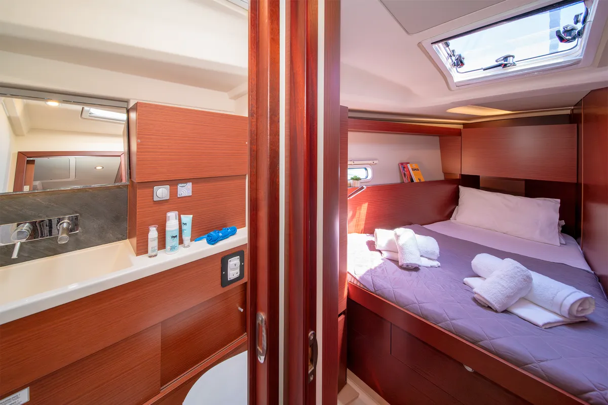 Cabin on C-YA, a Hanse Yachts Hanse 458 sailboat at Lavreotiki Municipal Unit, Greece