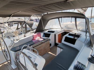 Cockpit of C-YA, a Hanse Yachts Hanse 458 sailboat at Lavreotiki Municipal Unit, Greece